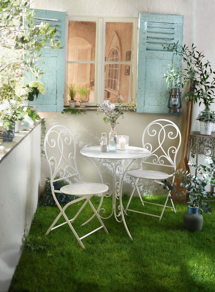casa.pro Tisch 2 Stühle Gusseisen Antik Weiß Bistro Set Garten Sitzgarnitur 