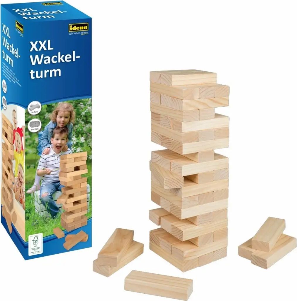 Idena - XXL Wackel-Turm, Stapelspiel mit 54 Bausteinen, Geschicklichkeits-Spiel aus Holz, ca. 15 x 15 x 54 cm großer Stapel-Turm, Spiel-Spaß für...