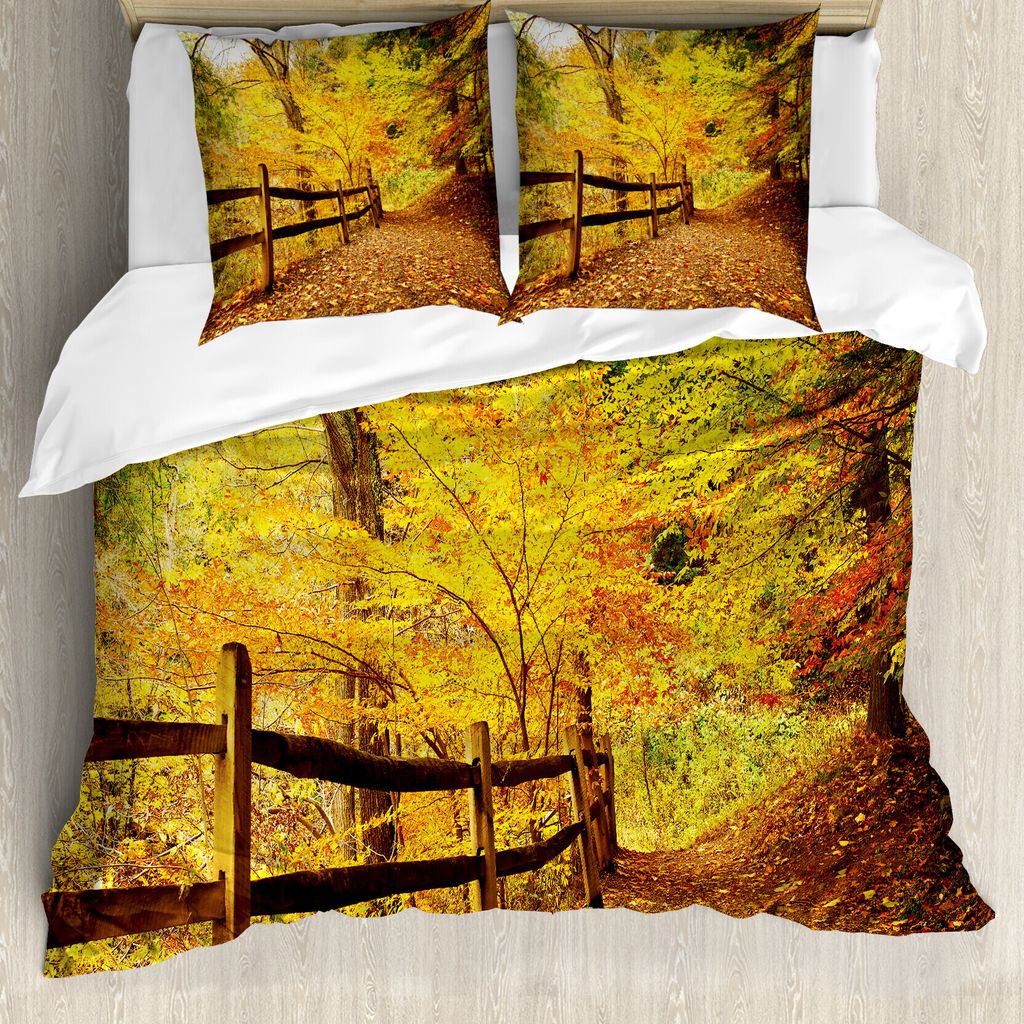 ABAKUHAUS Landschaft Bettbezugs Set Für Doppelbetten, Herbstbäume Leaf Road, Milbensicher Allergiker geeignet mit Kissenbezügen, Ringelblume Ing...