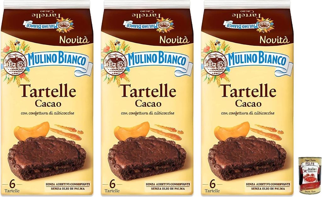 3x Mulino Bianco Tartelle Cacao,Süße Snacks,Kakaokuchen mit Aprikosenfüllung,Packung mit 288g, jede Packung enthält 6 Kuchen à 48g + Italian G...