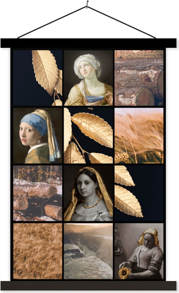 MuchoWow Textilposter Malerei - Collage - Gold 120x180 cm mit schwarzem Rahmen - Fotos