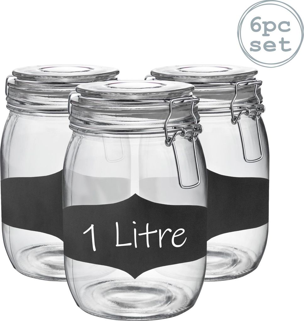 Vorratsgläser aus Glas mit Etiketten – 1 Liter – transparenter Verschluss – 6 Stück
