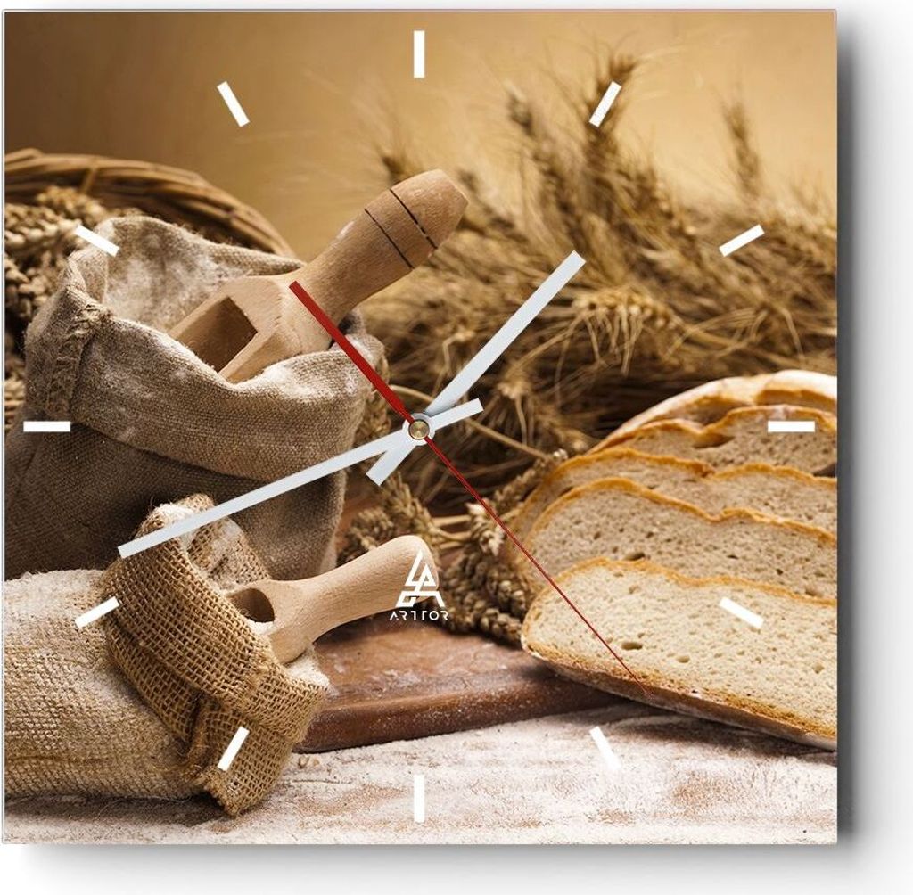 Wanduhr - Quadrat - Glasuhr - Brot Essen Holz - 40x40cm - Schleichendes Uhrwerk - Lautlos - zum Aufhängen bereit - Dekoration Modern - Wanddekorat...