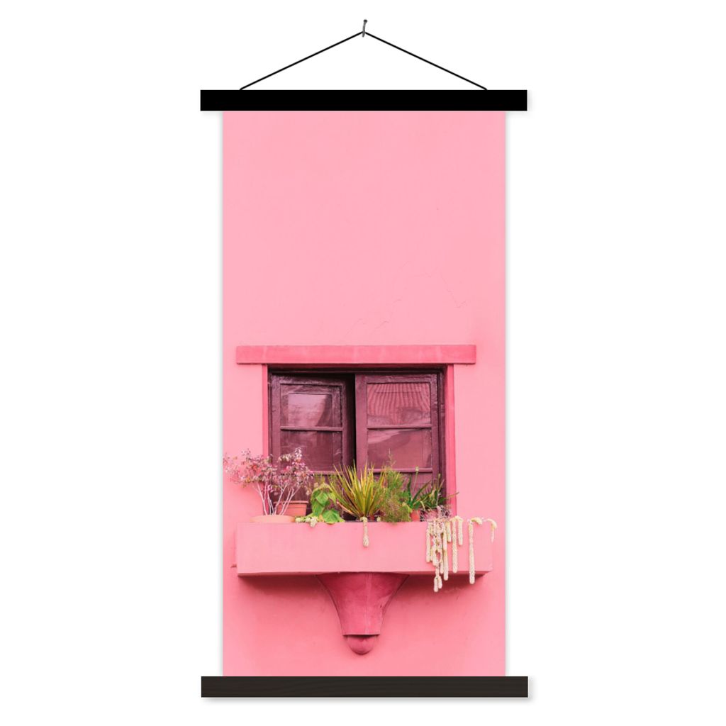 MuchoWow Textilposter Fenster - Pflanzen - Rosa - Pflanzgefäß 90x180 cm mit schwarzem Rahmen - Dekoration Wohnzimmer