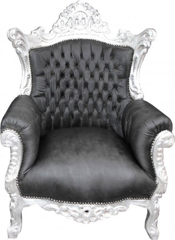 Casa Padrino Barock Sessel "Al Capone" Schwarz Lederoptik/ Silber - Antik Stil