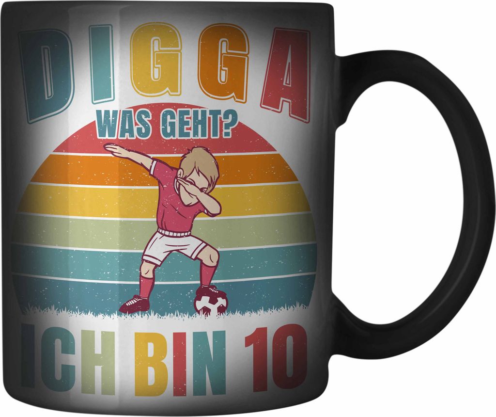 Trendation - Kinder Fussball Geburtstag 10. Geburtstagsgeschenk Farbwechsel Zauber-Tasse 10 Jahre Jungs Jungen (Schwarz)