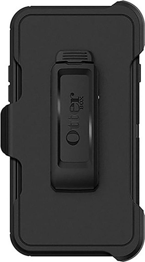 A black Otterbox Defender case for an iPhone is shown from the back with the belt clip extended.