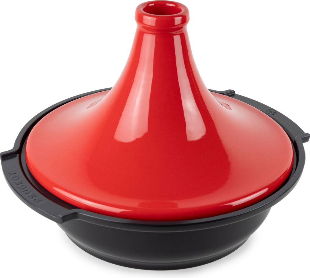 A red tagine pot with a black base, shown from a slightly elevated front-left angle on a white background.