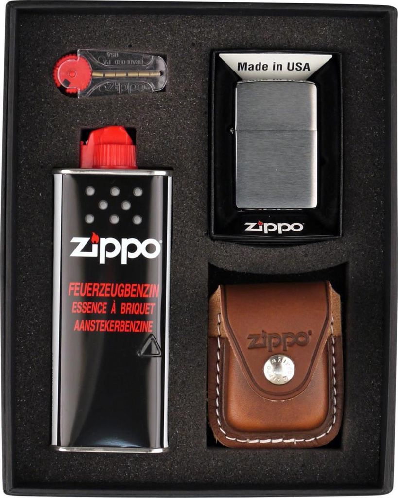 Zippo Geschenkset Feuerzeug Chrom gebürstet mit brauner Produktbild 