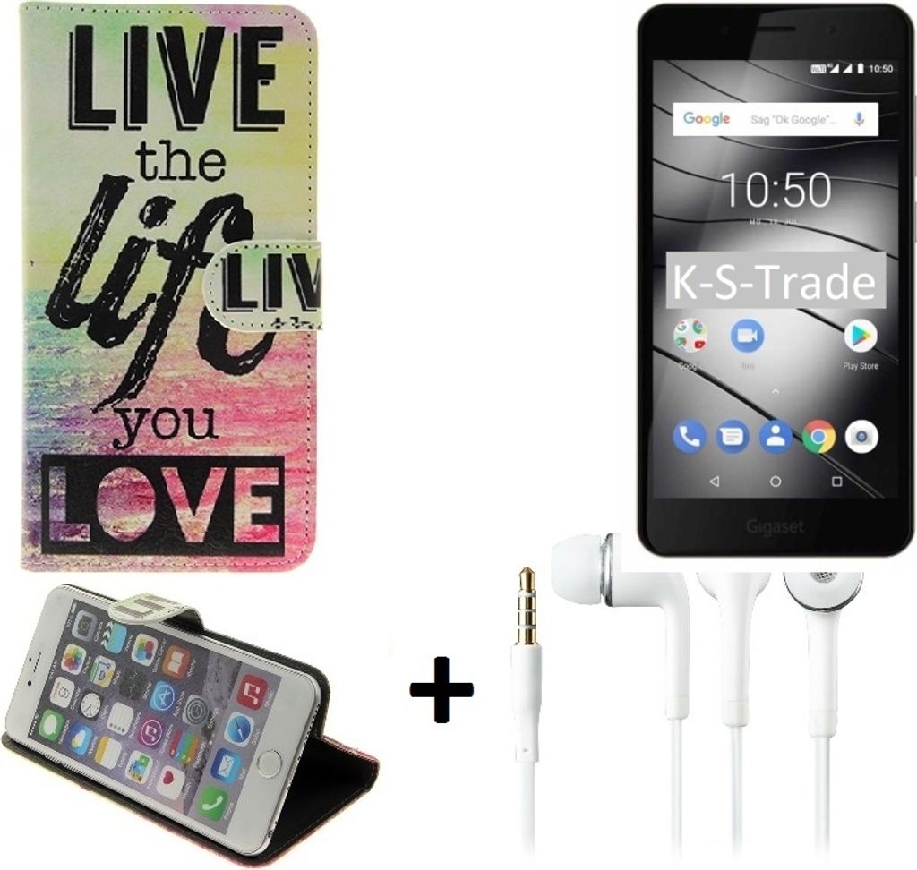 K-S-Trade Schutz-Hülle kompatibel mit Gigaset GS180 Schutz Hülle 360° Wallet Case ''live life love'' Schutzhülle Handy Tasche Handy-Hülle Etui