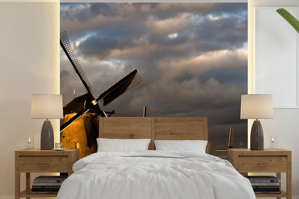 MuchoWow Fototapete für Wohnzimmer oder Schlafzimmer Wandtapete Vinyl Motivtapete Mühle - Nacht - Niederlande - 280x280 cm - Hintergrundbild