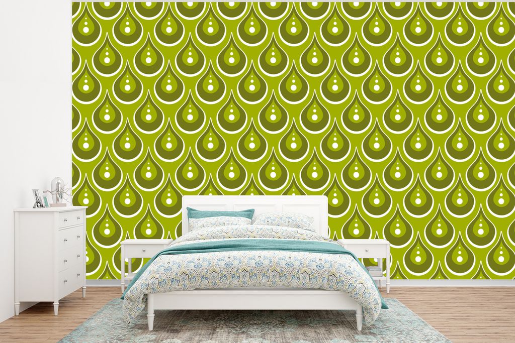 MuchoWow Fototapete für Wohnzimmer oder Schlafzimmer Wandtapete Vinyl Motivtapete Muster - Retro - Regen - Tropfen - Grün - 350x260 cm - Wohnzi...