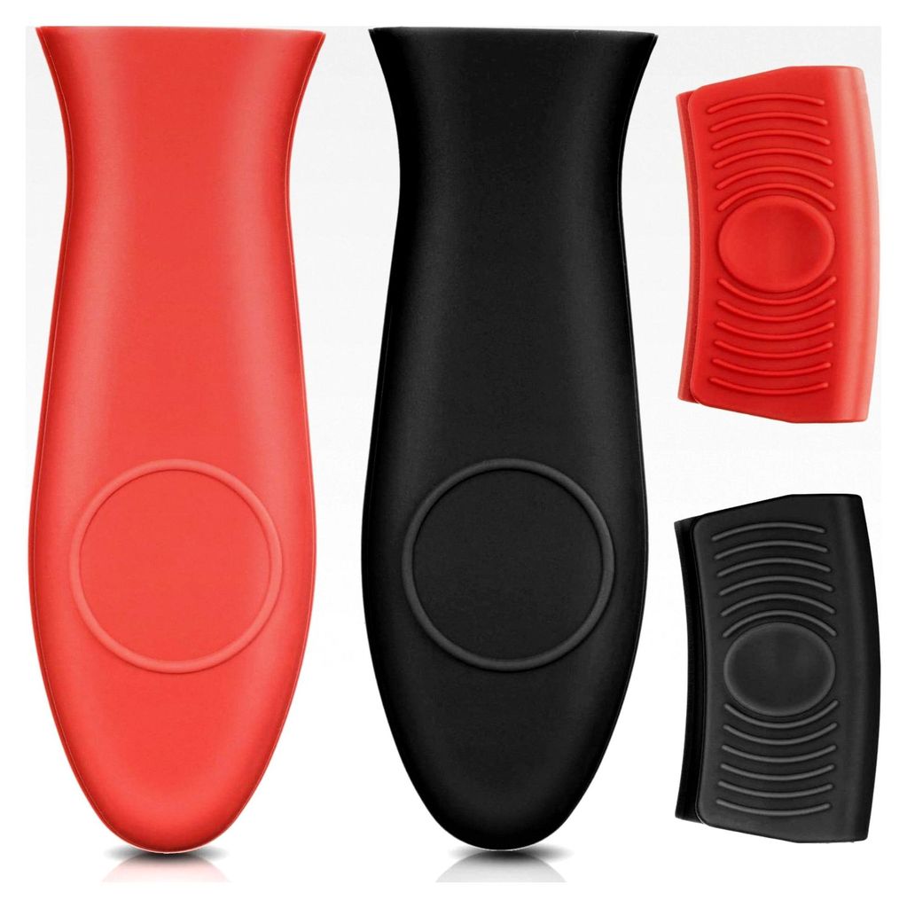 4 Stück Silikon Hitzeschutzgriffhalter und Silikon Haltegriffabdeckungen für Gusseisenpfannen, Bratpfannen und Töpfe, Schwarz und Rot