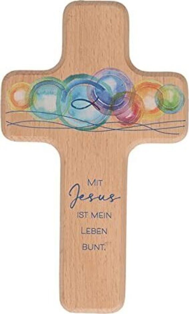 Kinderkreuz 18 cm natur Mit Jesus ist mein Leben bunt