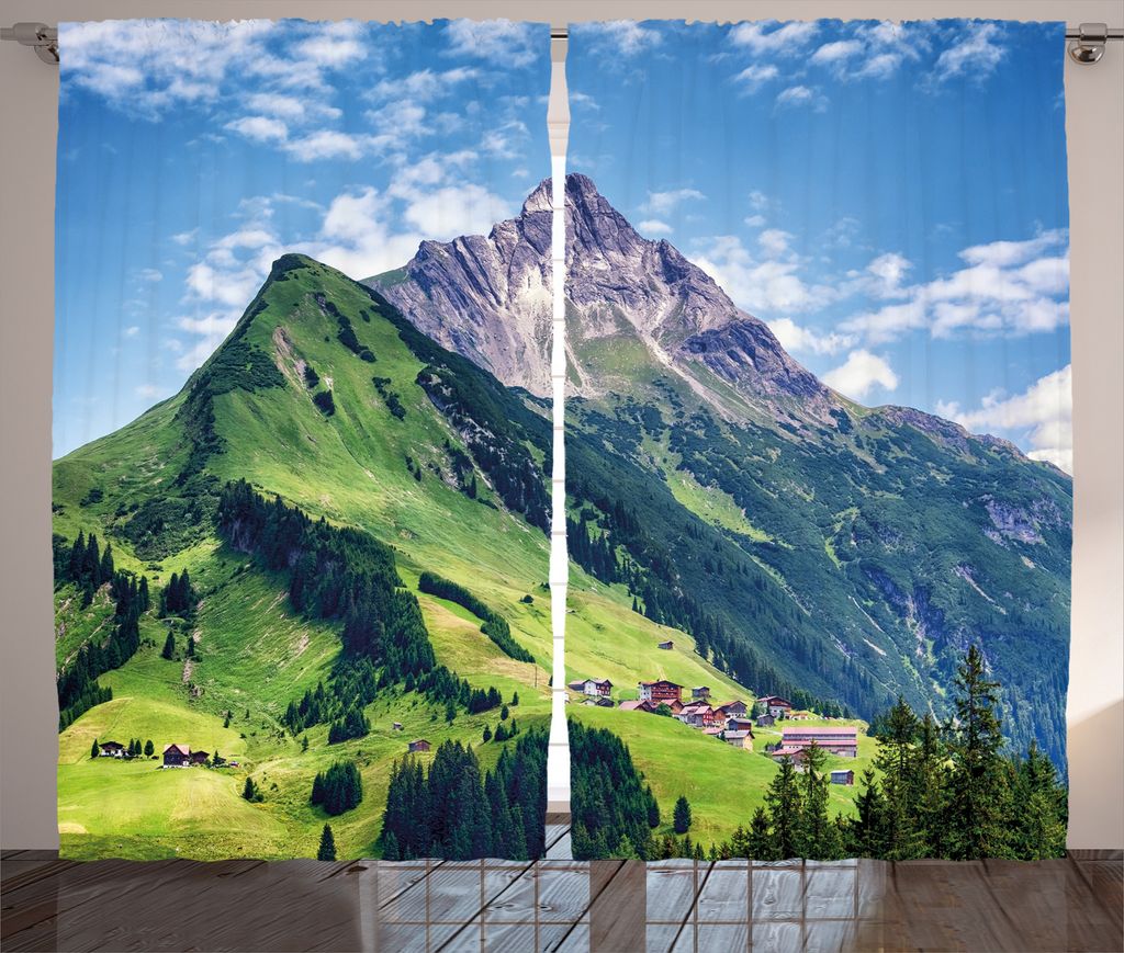 ABAKUHAUS Natur Rustikaler Vorhang, Frühling Szene Berg, Wohnzimmer Universalband Gardinen mit Schlaufen und Haken, 280 x 225 cm, Grün Blau