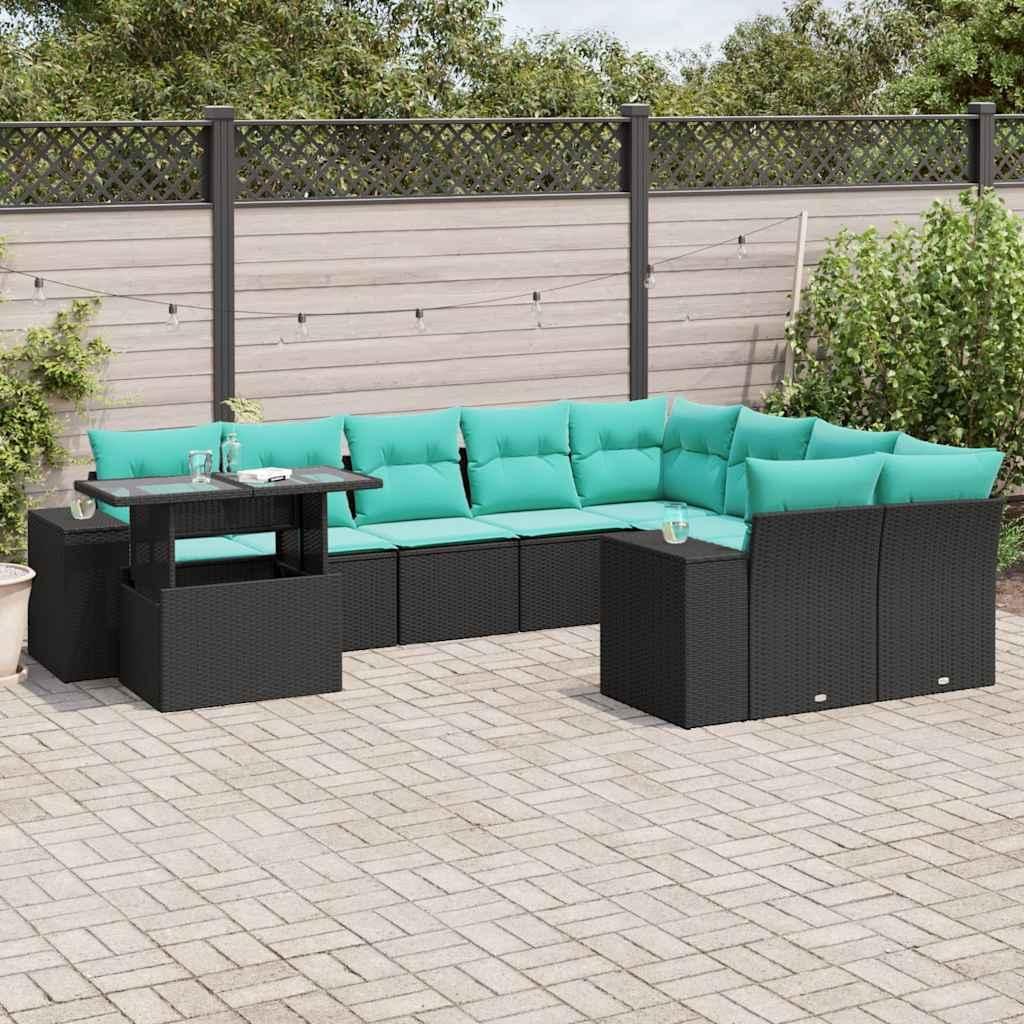 Maison Exclusive - 10-teiliges Gartensofa-Set mit Kissen, schwarzes Polyrattan