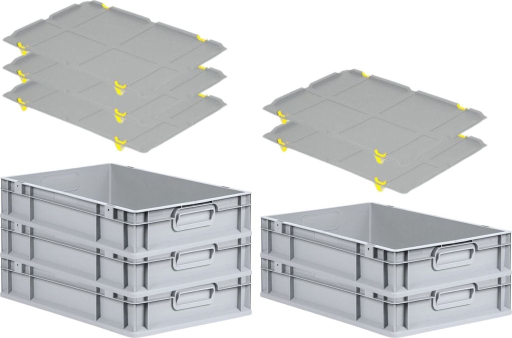 SparSet 5x Eurobox NextGen Grip mit Auflagedeckel inkl. 4 gelben Schiebeschnappverschlüssen | HxBxT 12x40x60cm | 23 Liter | Griffe geschlossen | G...