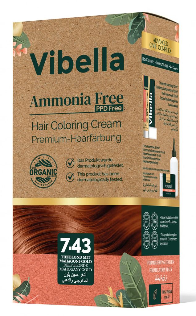 Vibella Haarfärbecreme Nr. 7.43 Tiefblond mit Mahagoni-Gold – Premium-Haarfärbung ohne Ammoniak, Tiefes Blond, Warme Mahagoni-Gold-Reflexe
