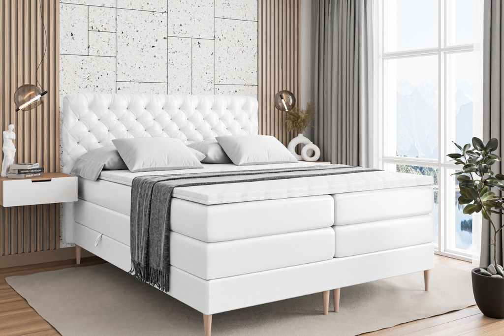 ALTDECOR Boxspringbett mit Holz Füßen, Matratze und Lattenrost, Topper, Polsterbett mit Bettkasten, Bett mit Stauraum H3- und H4- Matratze, Doppe...