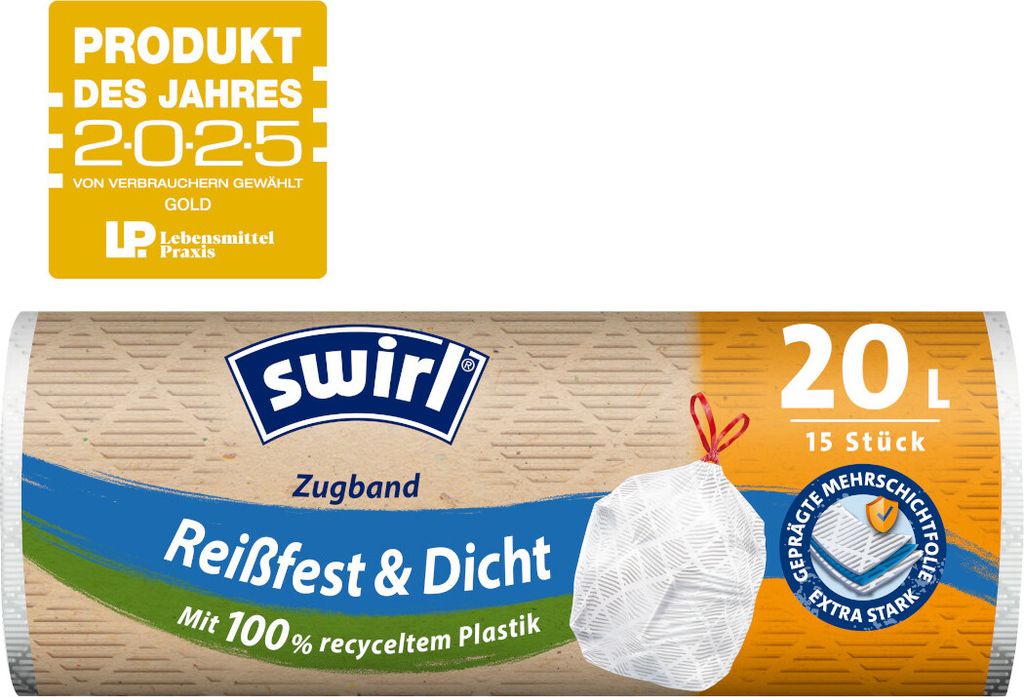 A roll of trash bags with a promotional label.