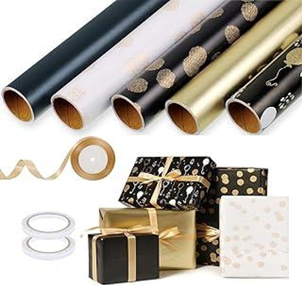 woric 5 Rollen Geschenkpapier Set, 3m x 43cm Weihnachtsgeschenkpapier Geschenkpapier Gold Schwarz Geburtstag Geschenkpapierrolle mit Schleifenband ...