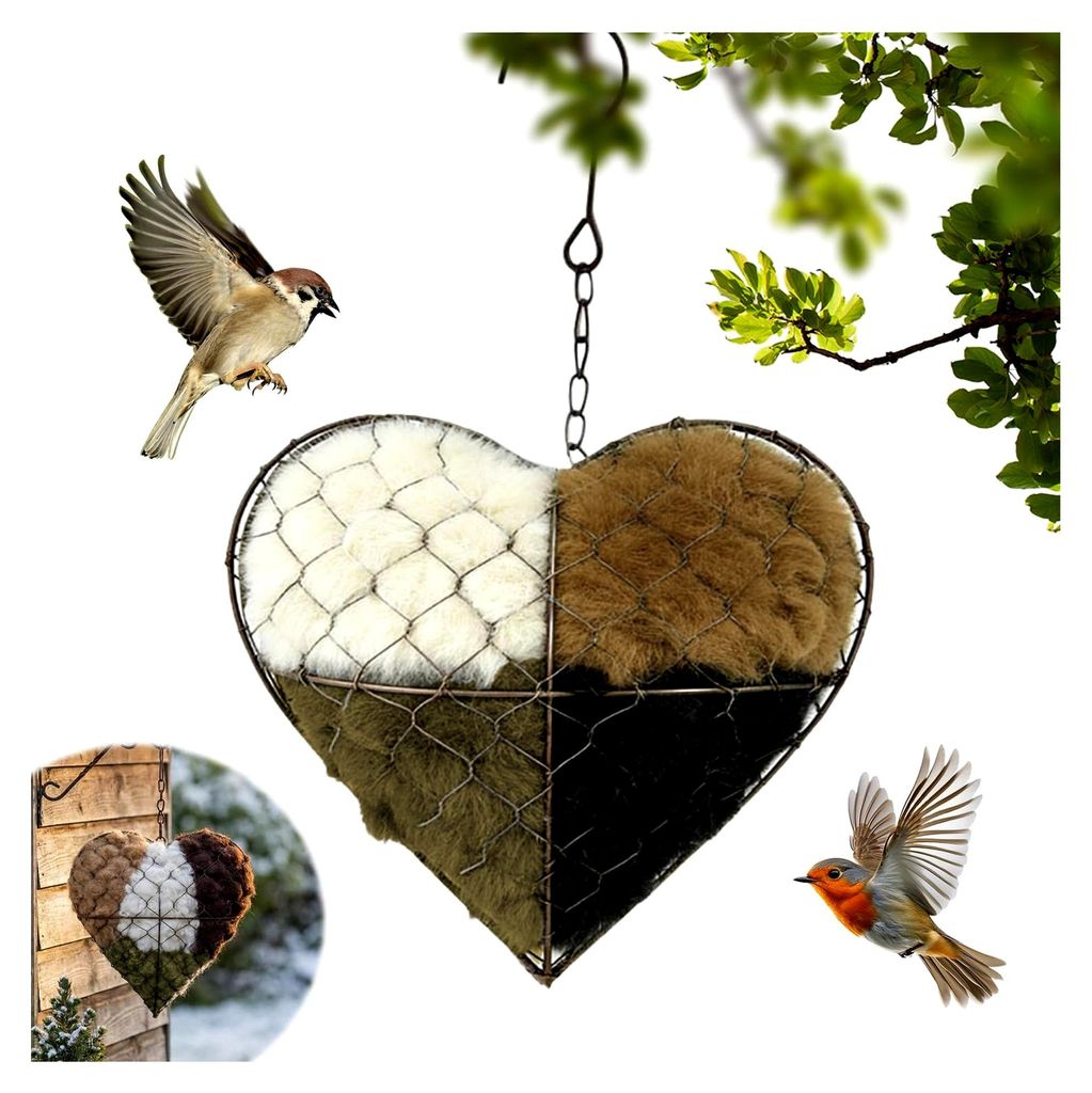 Nachfüllbares Vogelhaus Nistkasten, Handgefertigtes Vogelnest in Herzform aus Alpakafaser, Vogelnester Materialhalter für Balkon, Garten, Terrasse