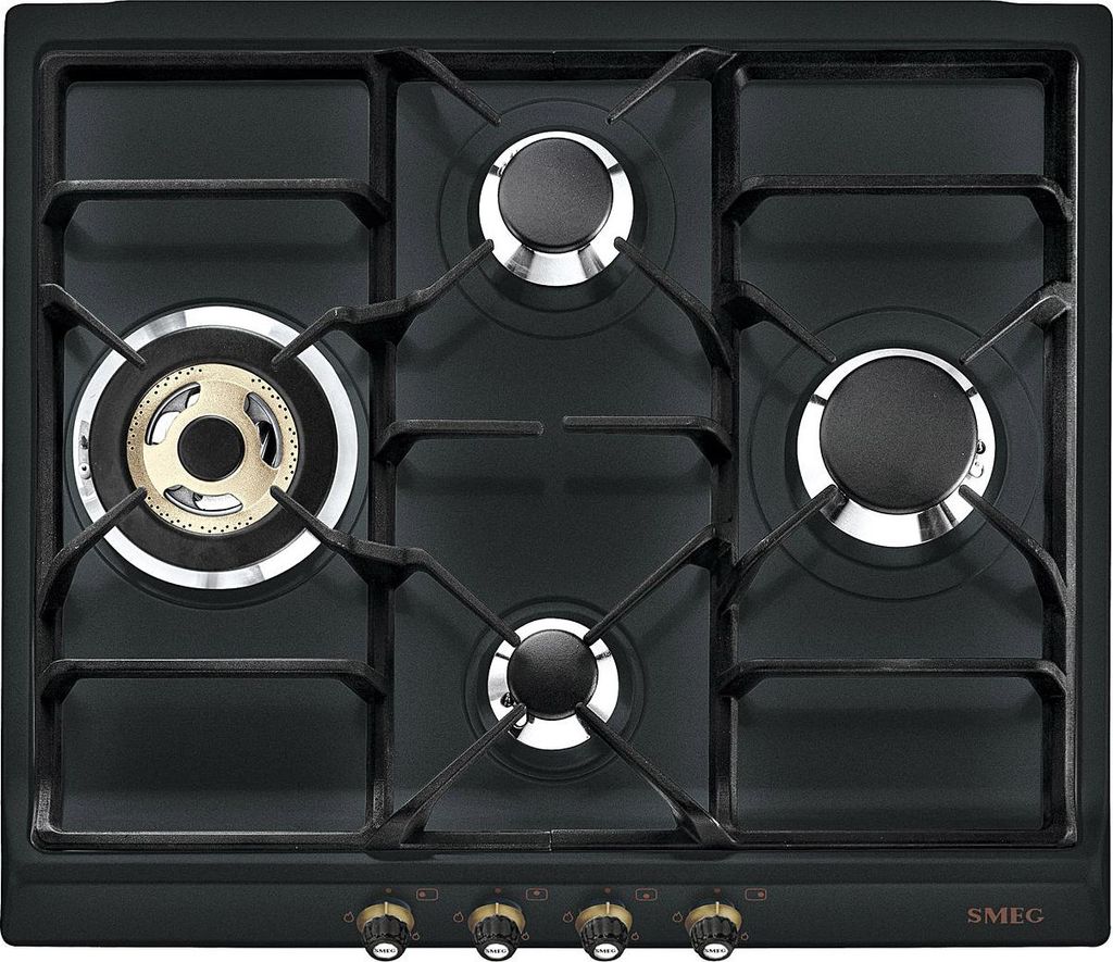 A top-down view of a black gas cooktop with four burners and cast iron grates.