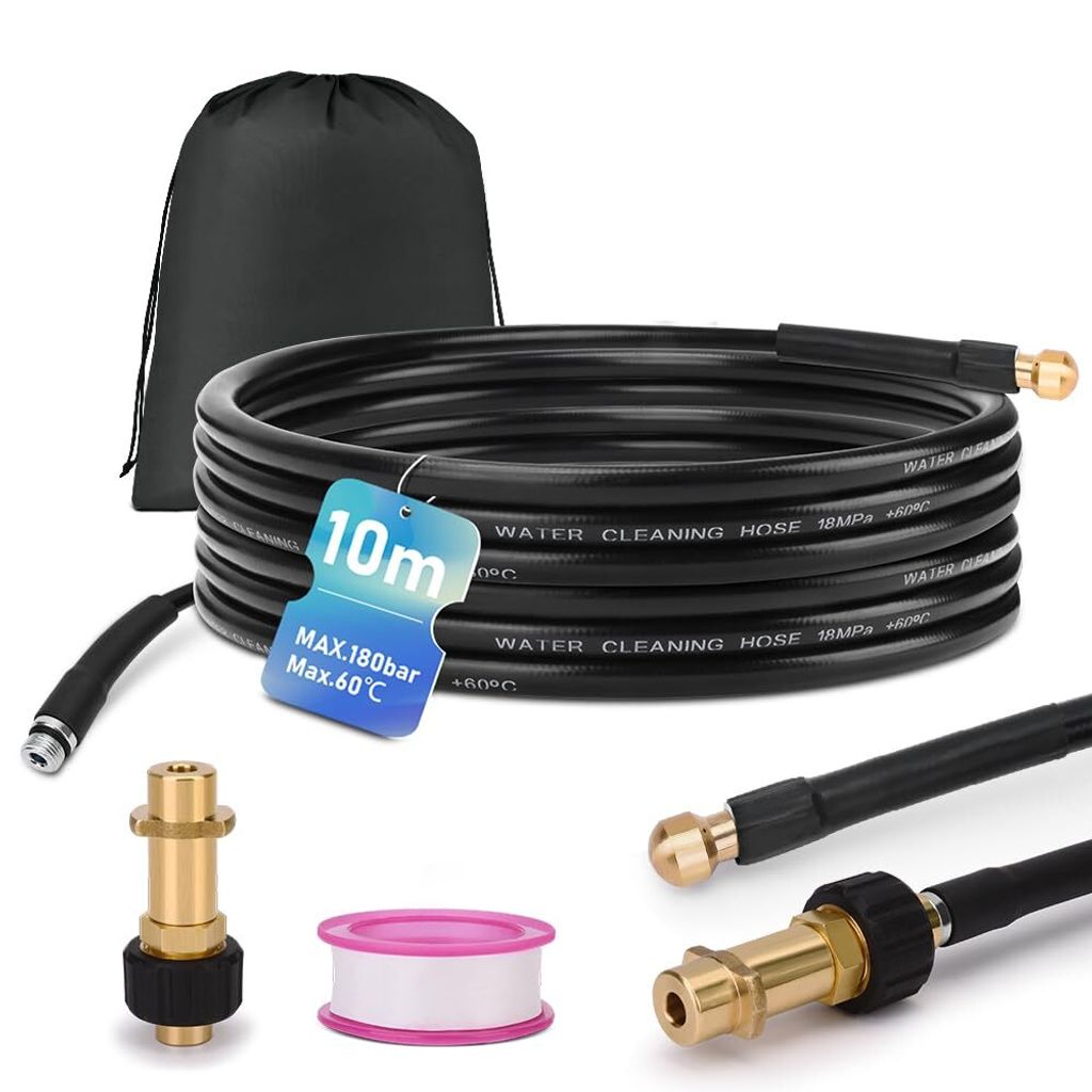 10m Rohrreinigungsschlauch Set, 180 bar, mit M22 Adapter, universal Rohrreinigungsset, kompatibel mit K2 K3 K4 K5 K6 K7 Hochdruckreiniger