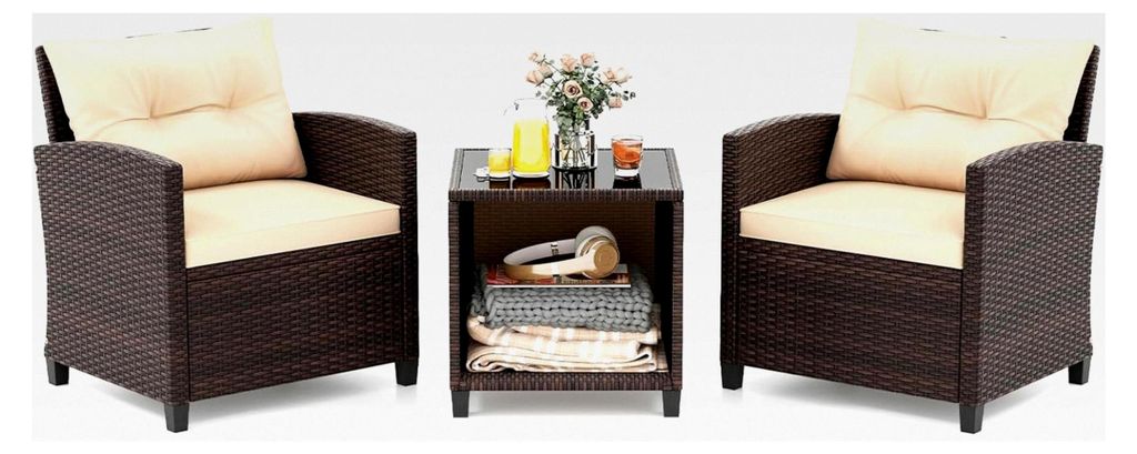 Rattan Gartenmöbel Set für den Balkon, 3-teilig mit 2 Sesseln und Tisch, inkl. Kissen