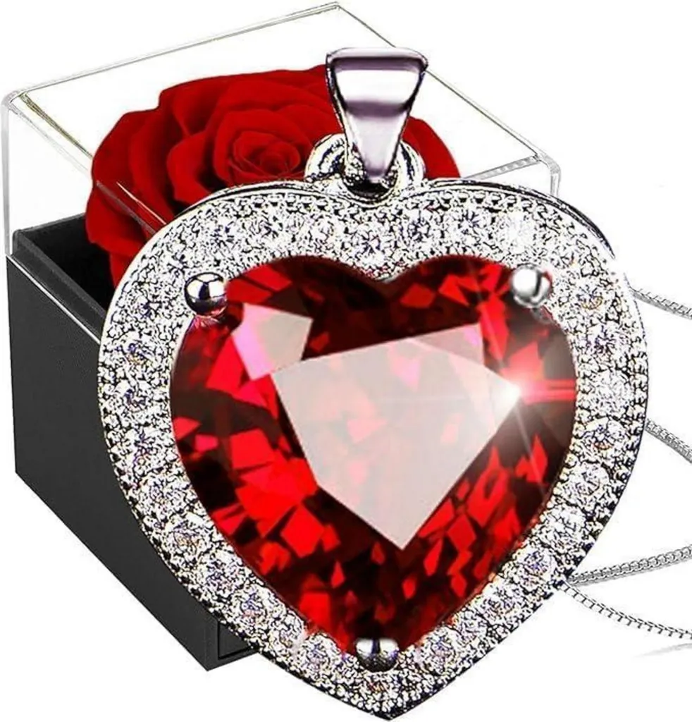 Argent 925 Collier Cœur Rubis avec Rose Éternelle sous Écrin Cristal Chic