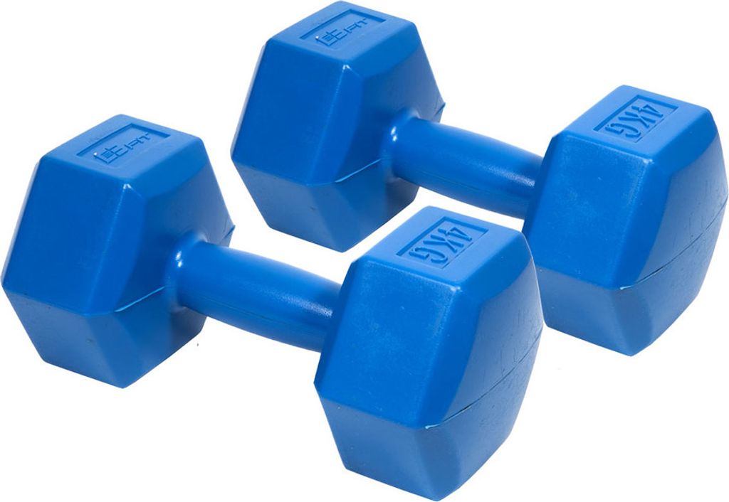 Two blue dumbbells are shown against a white background.