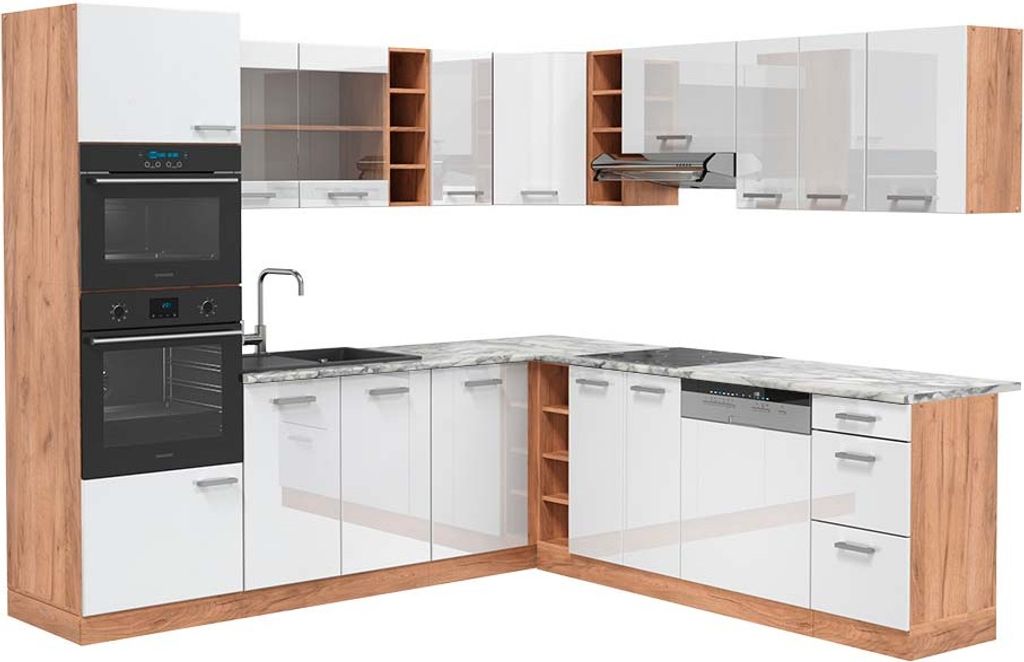 Eckküche Vicco R-Line Weiß Hochglanz/Goldkraft Eiche 247 x 60 cm , AP Marmor, Model 43138