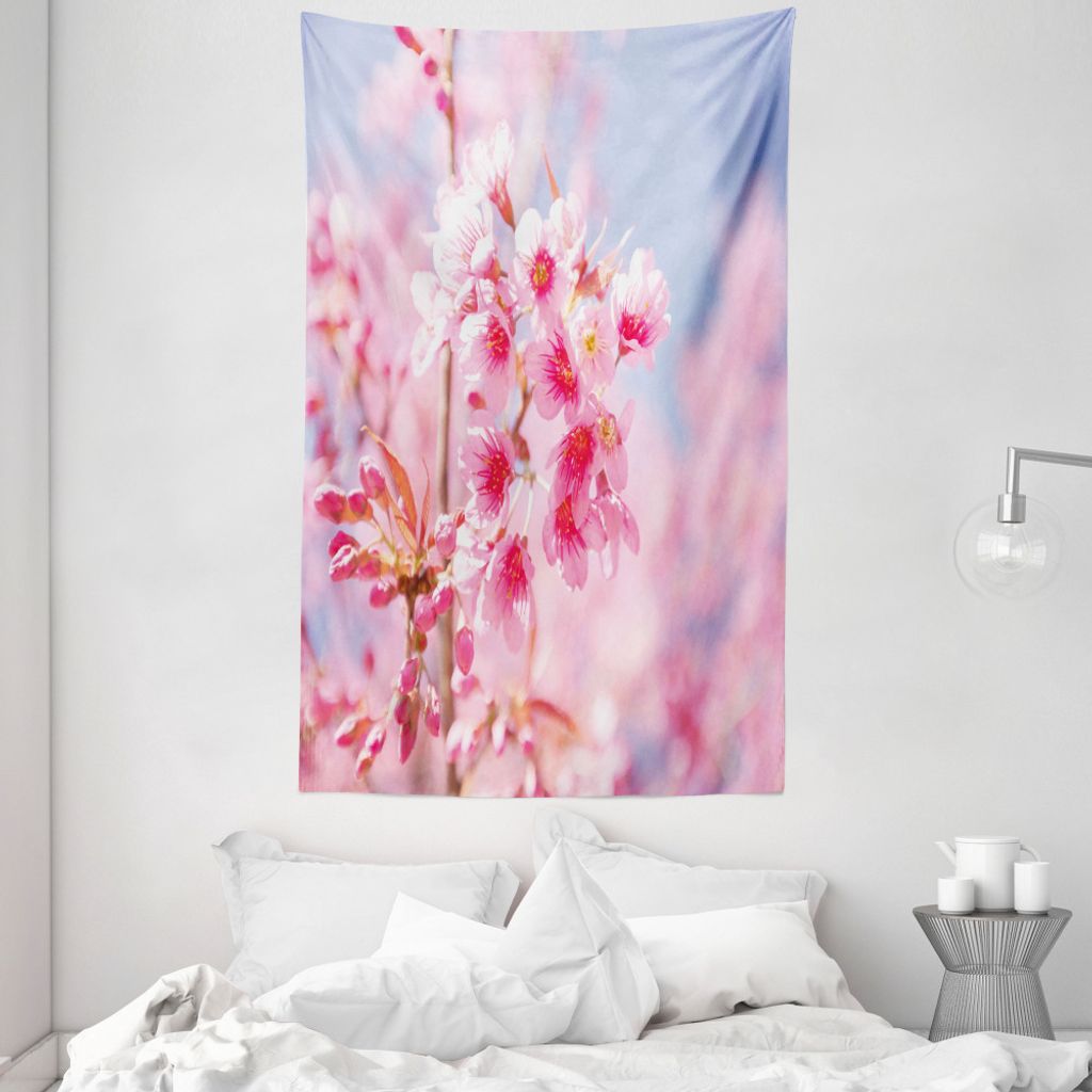 ABAKUHAUS Blumen Wandteppich und Tagesdecke, Sakura-Blüten-Niederlassungen aus Weiches Mikrofaser Stoff Waschbar ohne Verblassen Digitaldruck, 140...