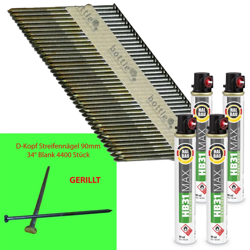 SET Streifennägel 34° D-Kopf blank 3,1x90mm gerillt 4400 St. HB43 + 4x Gaskartusche 165mm HB31