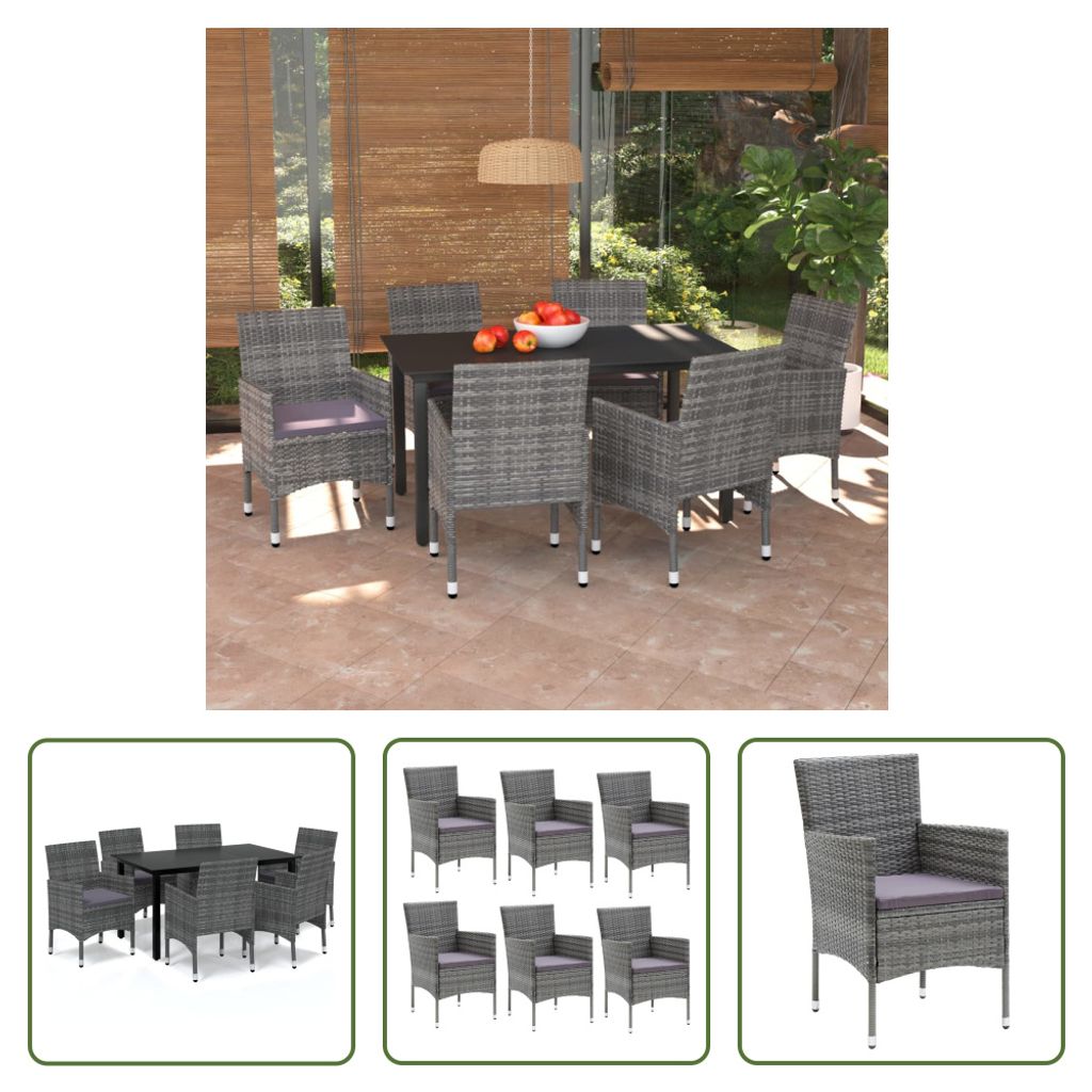 The Living Store 7-tlg. Garten-Essgruppe mit Kissen Poly Rattan Grau
