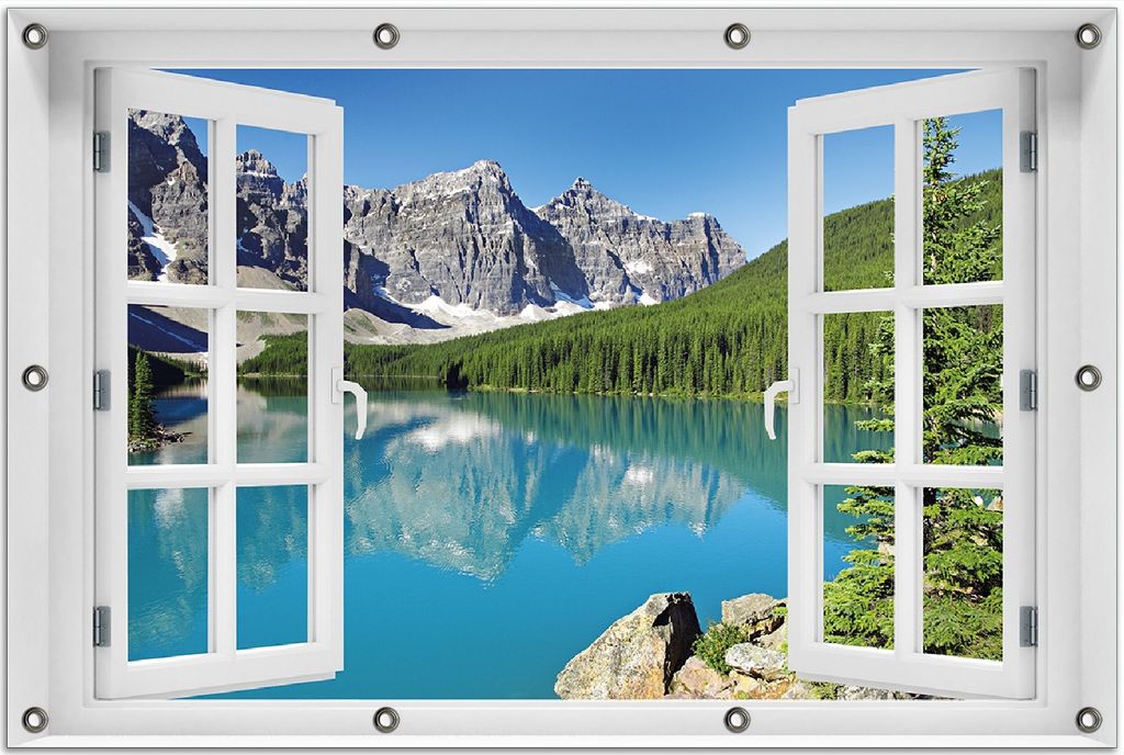 Wallario Outdoor-Poster für Garten oder Balkon 80 x 120 cm: Tiefblauer See mit Bergpanorama und Wäldern Kanada