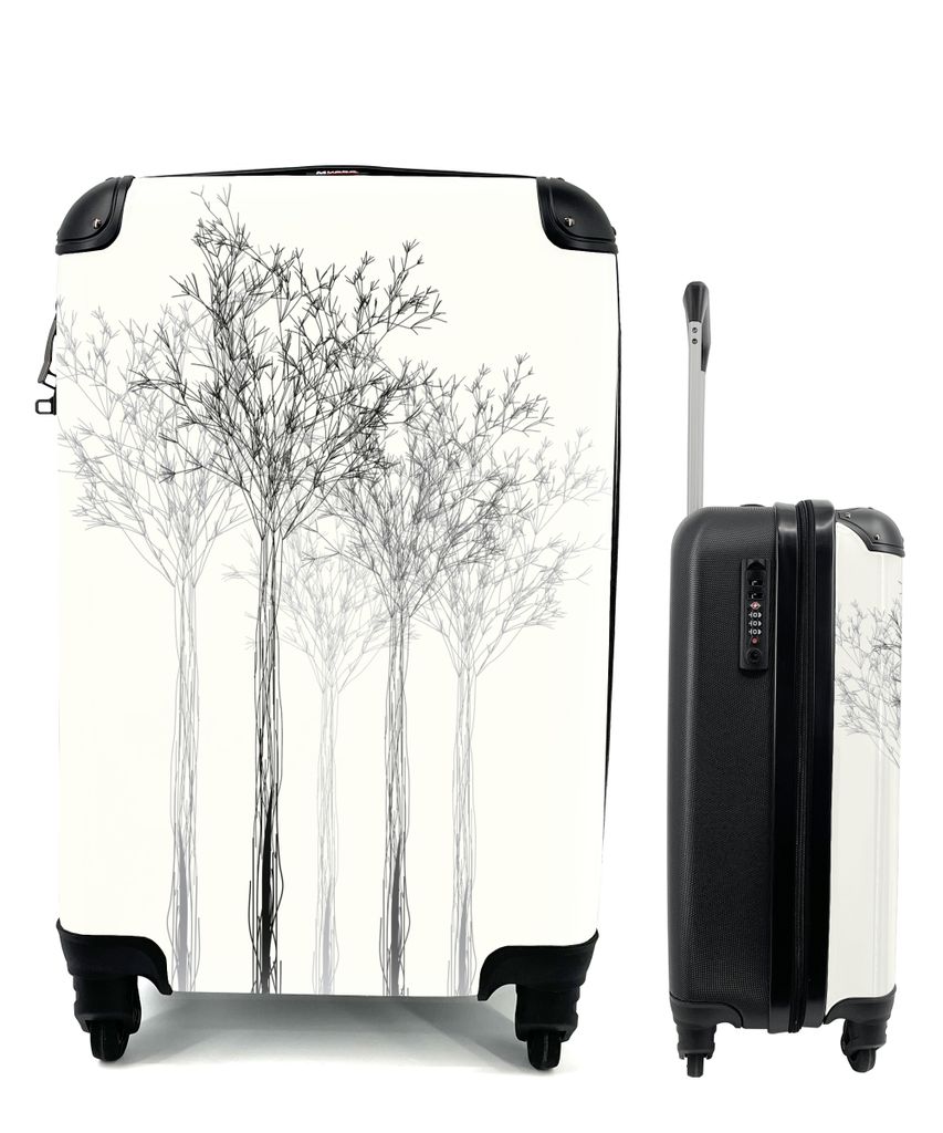 MuchoWow Koffer Handgepäck Trolley Rollkoffer Kleine Reisekoffer mit 4 Rollen - Eine Schwarz-Weiß-Illustration einer Baumreihe - Cabin Size < 5...