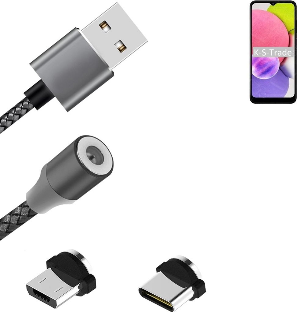 K-S-Trade Hochwertiges Magnet-Lade-kabel Sync-Kabel Daten-Kabel für Samsung Galaxy A03 mit USB-Typ-C-Anschluss und Micro-USB-Anschluss 2A bis zu