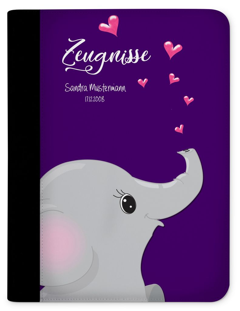 Zeugnismappe, Dokumentenmappe, Ordner A4, Elefant Lila mit Klarsichthüllen