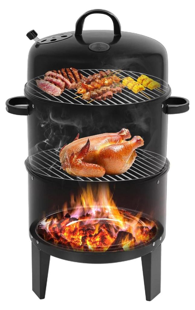 BBQ Smoker Grill - Holzkohlegrill Räucherofen - 84 cm Tonnengrill, Thermometer, Metall, für Fleisch und Geflügel, Outdoor - schwarz