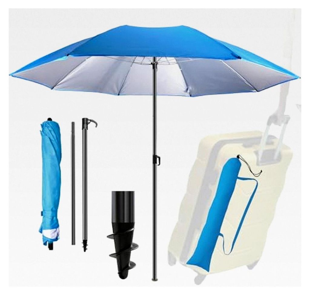 Sonnenschirm für den Strand Ø 160 cm, Farbe Blau - UPF 50+ Praktischer Reise-Sonnenschirm für den Koffer - Funktioneller, faltbarer Strandschirm...