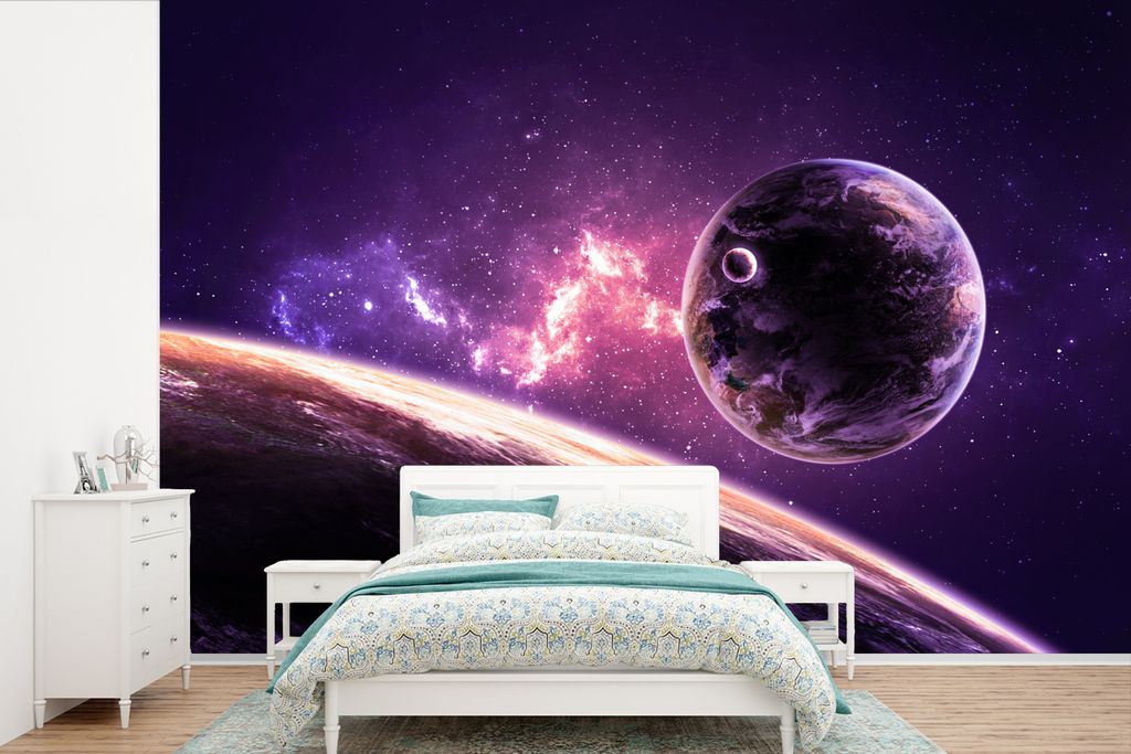 MuchoWow Fototapete für Wohnzimmer oder Schlafzimmer Wandtapete Vinyl Motivtapete Planeten - Weltraum - Sterne - 450x300 cm - Gemusterte