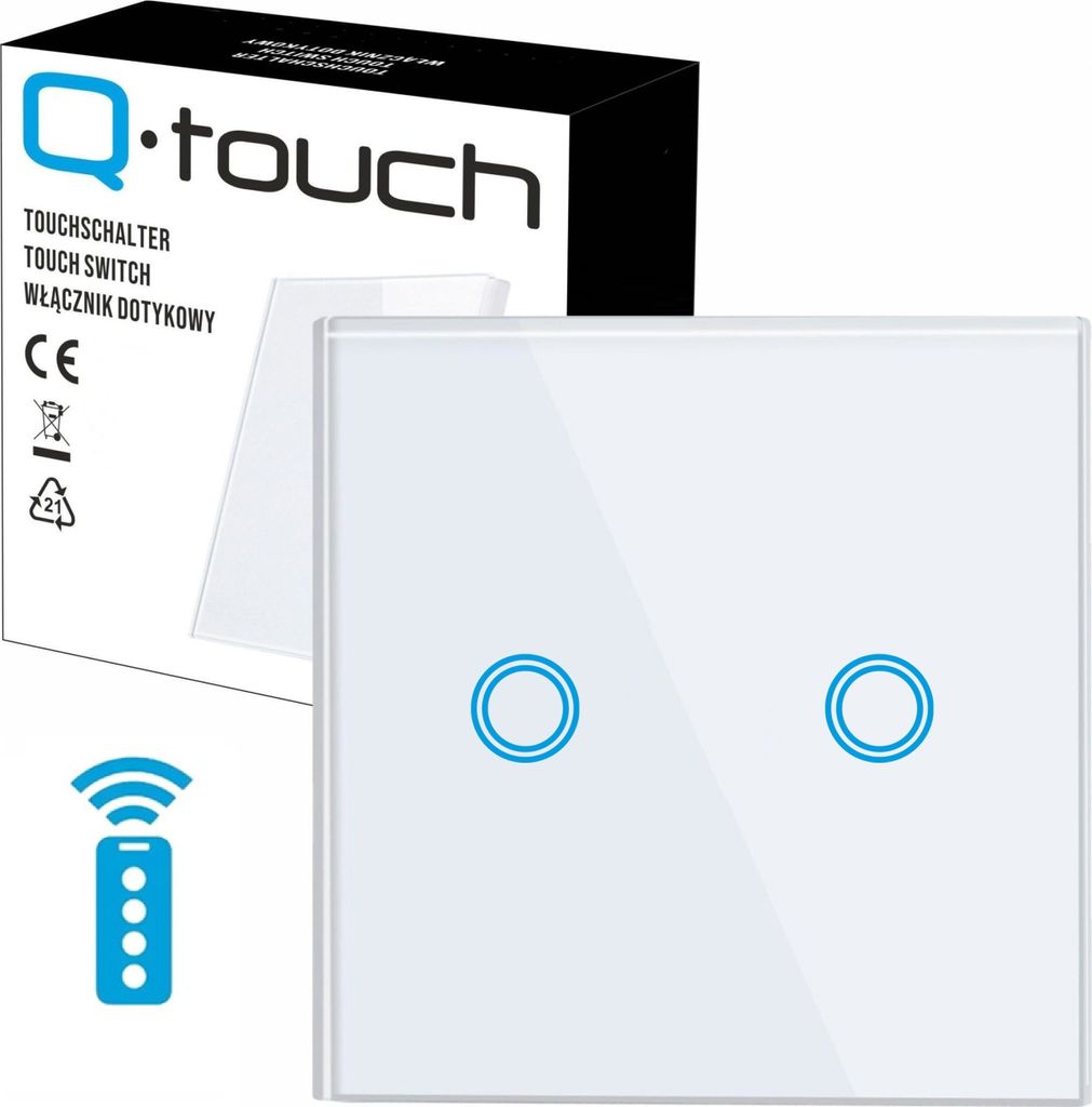 Glas Touch Lichtschalter Wandschalter 2-Fach Schalter LED weiß mit Fernbedienungsfunktion