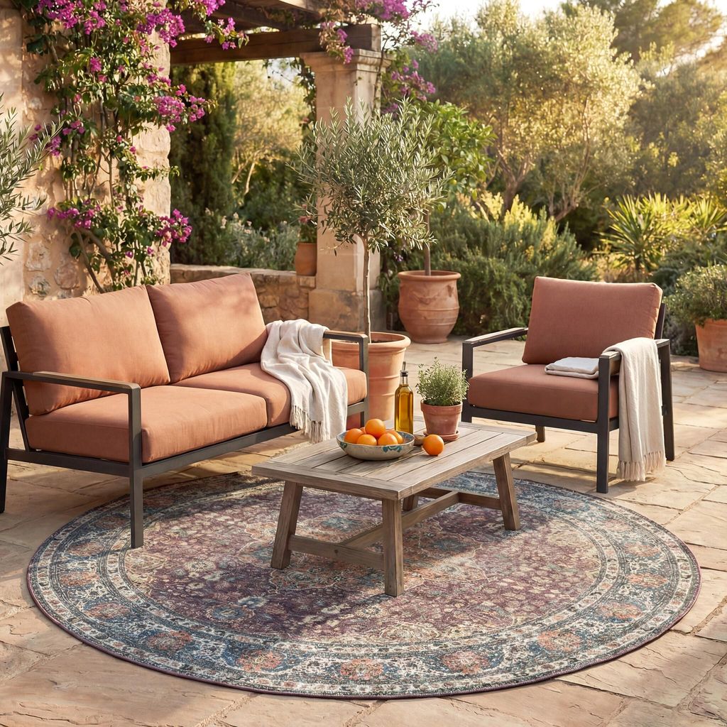 Volero - Outdoor Teppich Rund - Kairo Medaillon Bordeaux Rot - Ø 200 cm - Wohnzimmer, Esszimmer, Balkon, Garten, Terrasse - Retro