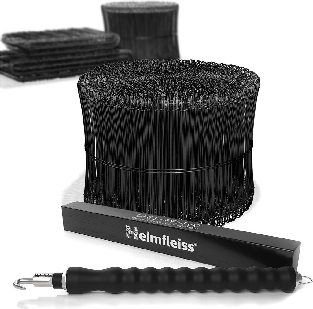 Heimfleiss Drillapparat + Ösendraht Betonbindedraht 1,4 x 140 mm (1000 Stk.) - PVC ummantelter Rödeldraht Set in schwarz - Bindedraht für Drah...