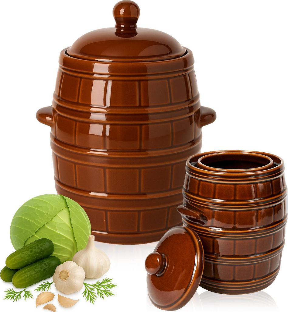 SuperButelki.pl – Steingutfass mit Deckel 3,2 l, Behälter, Keramiktopf, braunes Steingut 3200 ml, für Gurken, Kohl, Suppe, komplett mit Keramik...