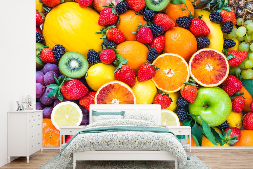 MuchoWow Fototapete für Wohnzimmer oder Schlafzimmer Wandtapete Vinyl Motivtapete Apfel - Weintrauben - Obst - 390x260 cm - Papiertapete