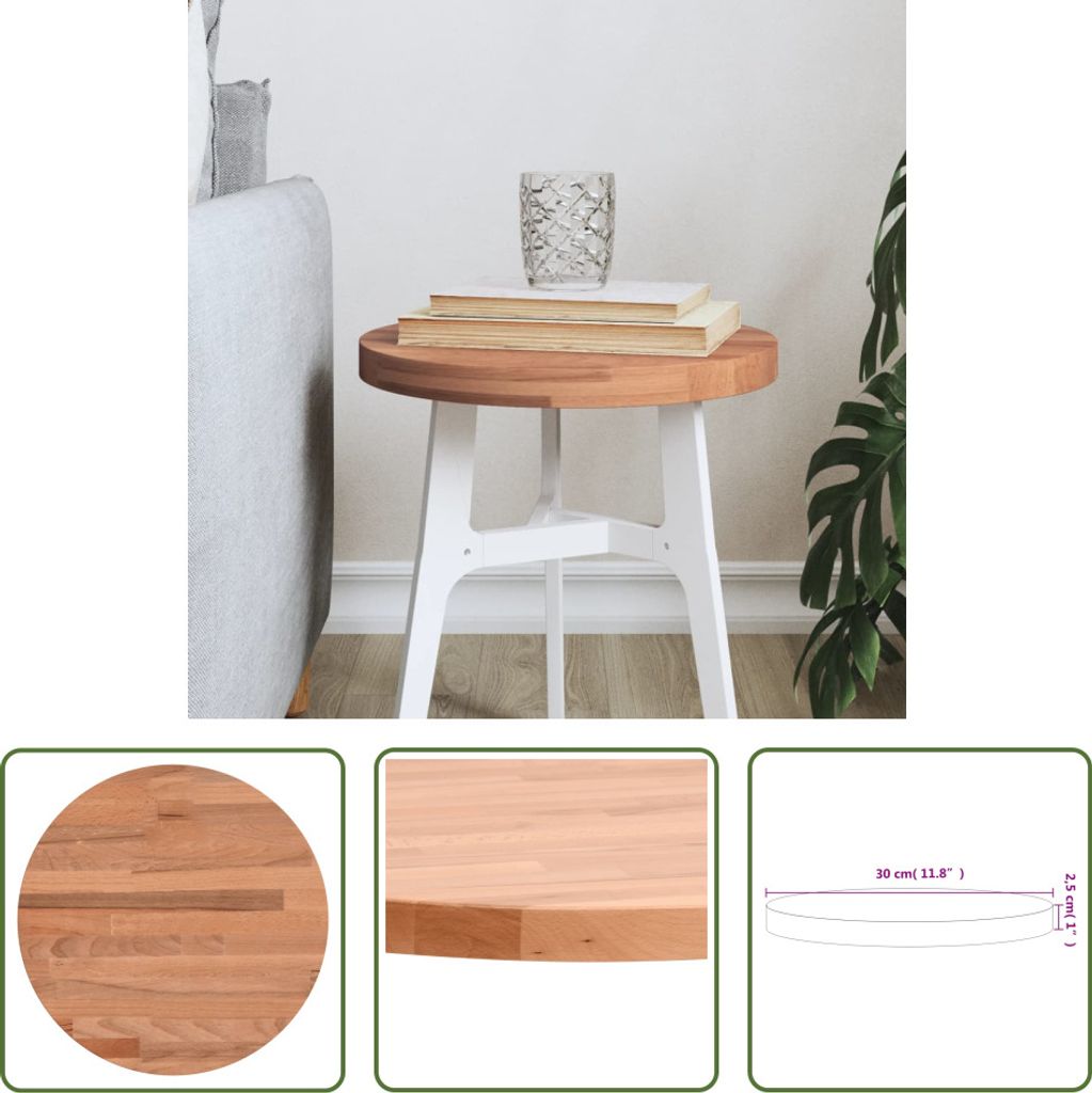 The Living Store Tischplatte Ø30x2,5 cm Rund Massivholz Buche