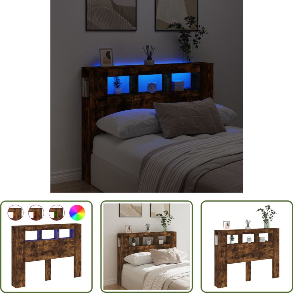 The Living Store LED-Kopfteil Räuchereiche 140x18,5x103,5 cm Holzwerkstoff