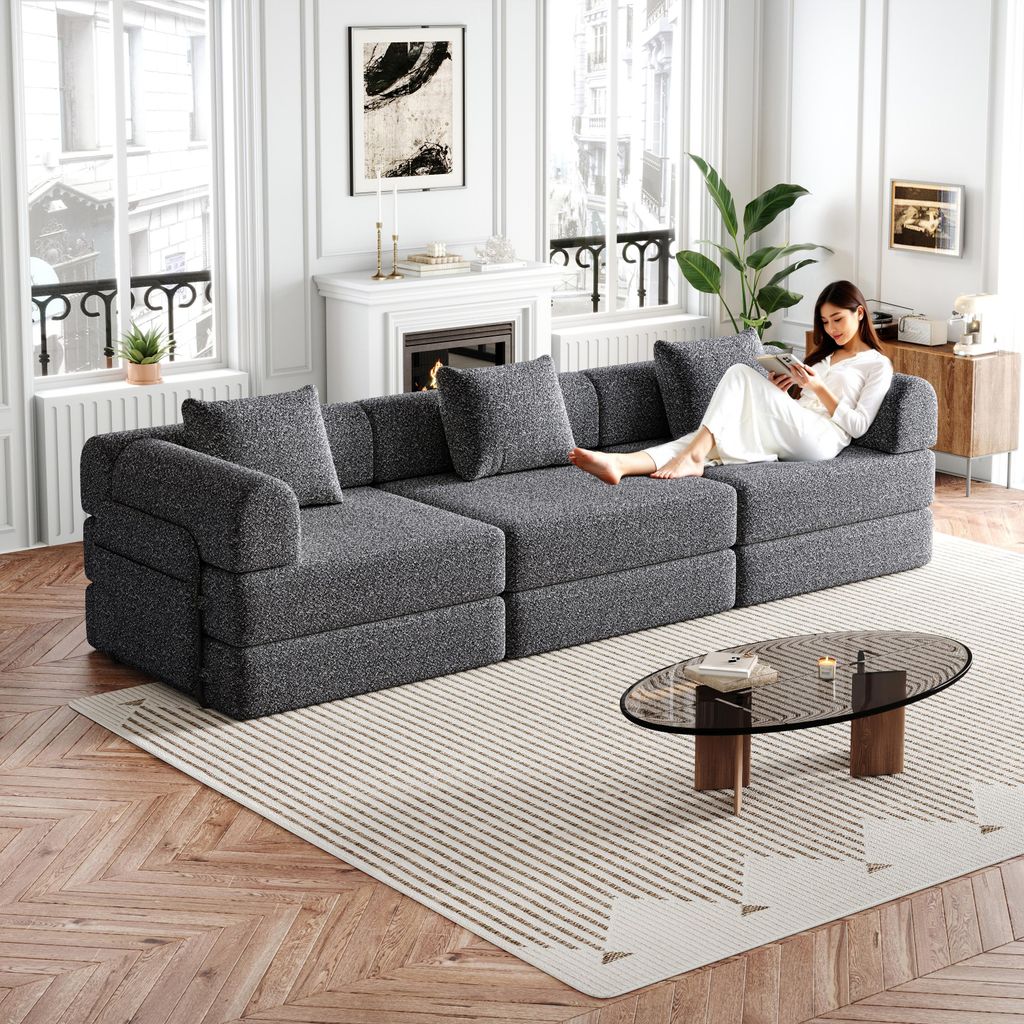 MODFU 3-tlg Chenille-Schlafsofa 2-in-1 Relaxsofa mit mit Staufach in der Armlehne,Polstermöbel Klappsofa mit drei Metallrahmen und mehreren Konfig...